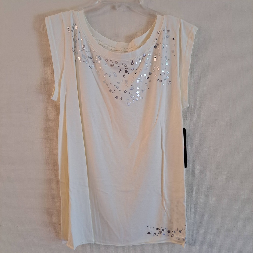 Jordache "Stone & Stud" Cap Sleeve Top Womens L Cream NWT 1423-330